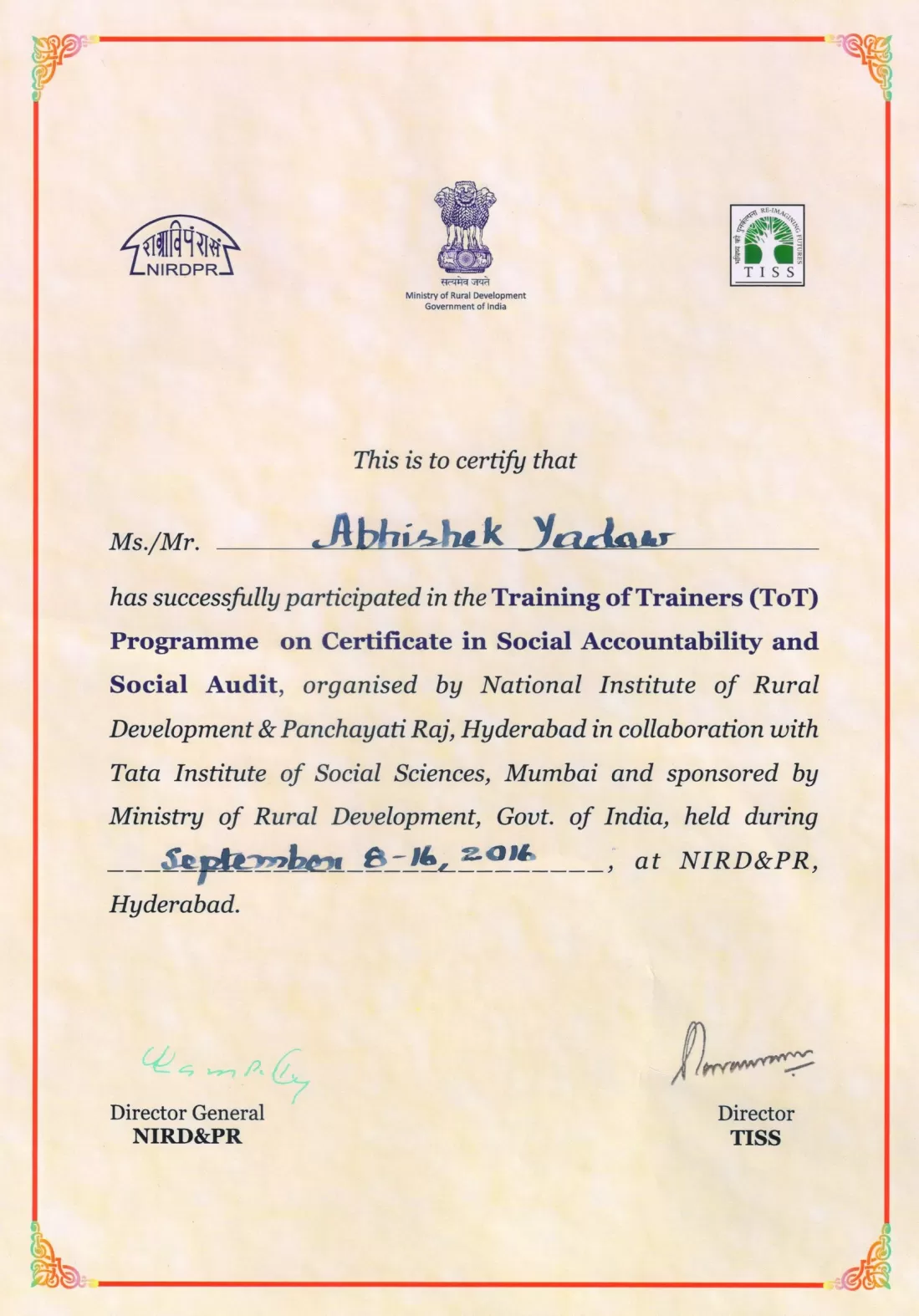Certification Awarded to Chief Functionary by NIRD&PR and TISS